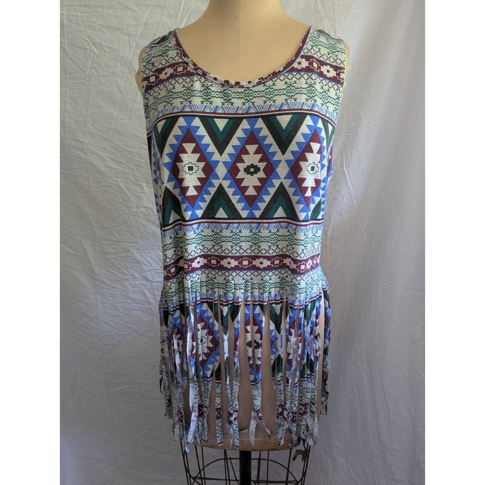 Vtg Caren Sport Tank Top Multi-Color Geometric Fringe Tribal Sz L Boho Festival